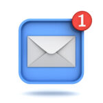 E mail notification button one new email message in the inbox button concept isolated over white background with shadow 3D rendering