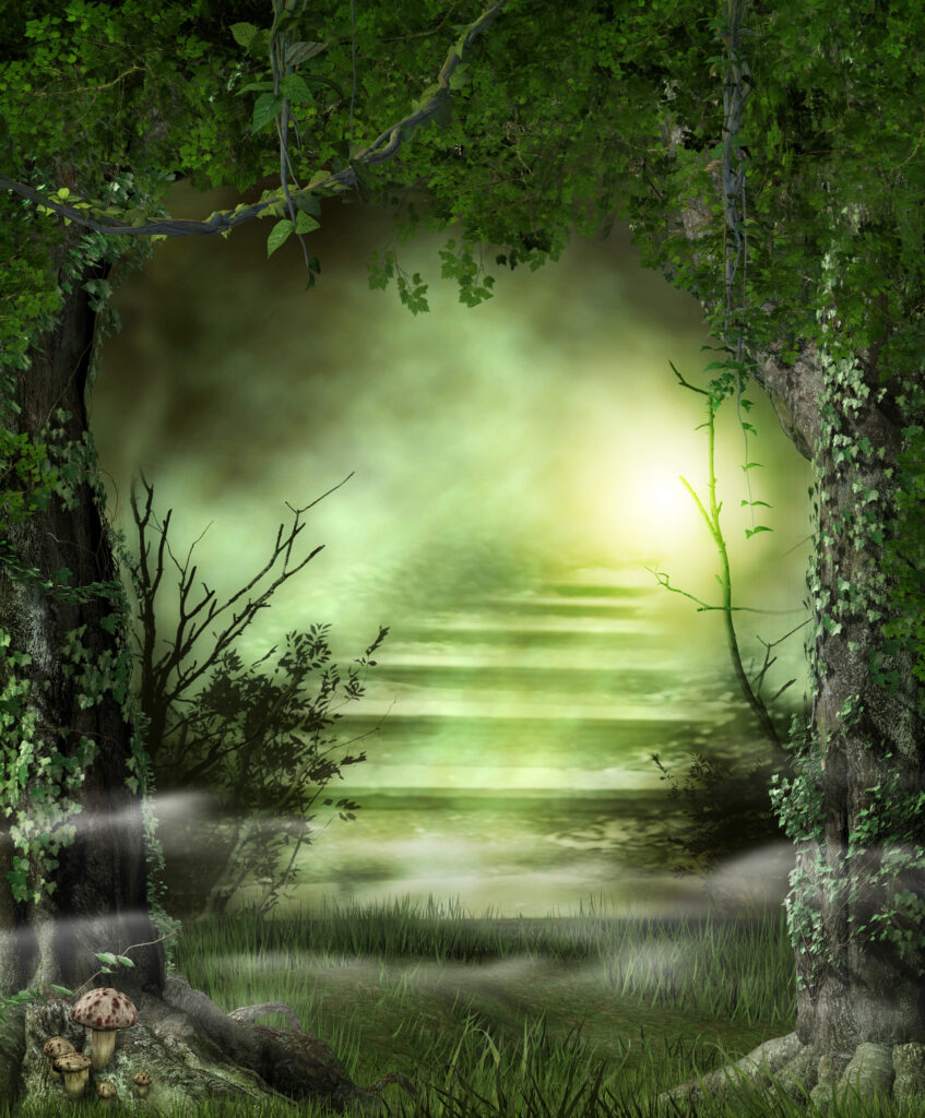 Forest path stairs to a heavenly light Concept of enchanting forest path stairs leading to a heavenly, magic light, 3d render